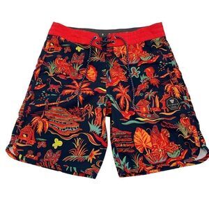Vissla Sz 28 printed quick dry swim board shorts oriental tropical boat red